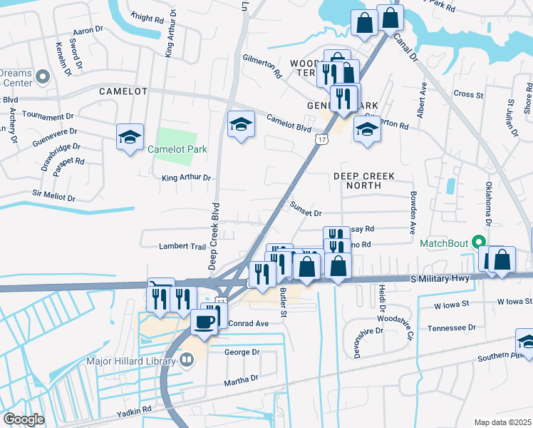 map of restaurants, bars, coffee shops, grocery stores, and more near 952 George Washington Highway North in Chesapeake