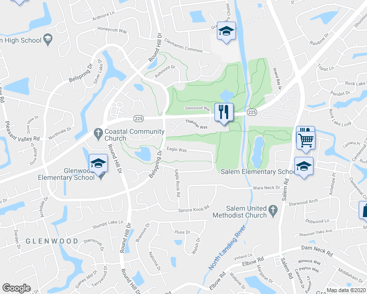 map of restaurants, bars, coffee shops, grocery stores, and more near 1140 Eagle Way in Virginia Beach