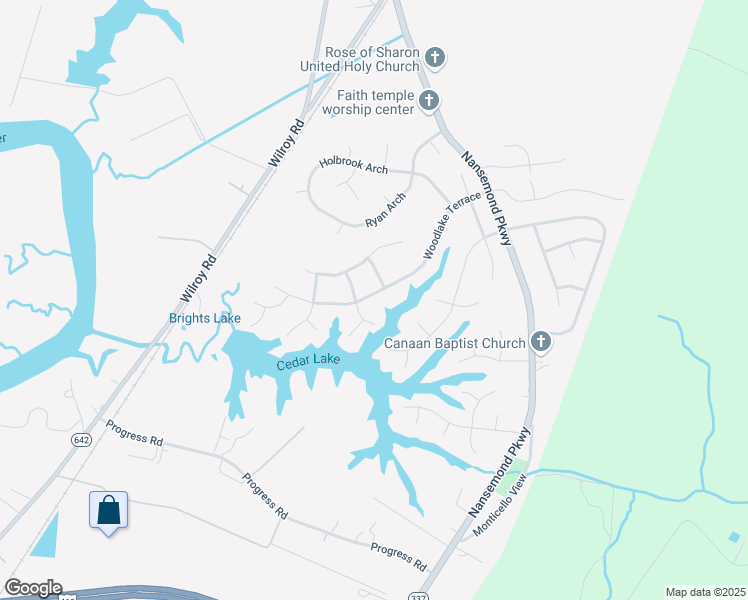 map of restaurants, bars, coffee shops, grocery stores, and more near 137 Woodlake Terrace in Suffolk