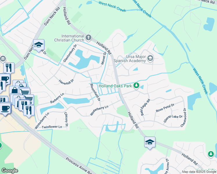 map of restaurants, bars, coffee shops, grocery stores, and more near 3000 Barberry Lane in Virginia Beach