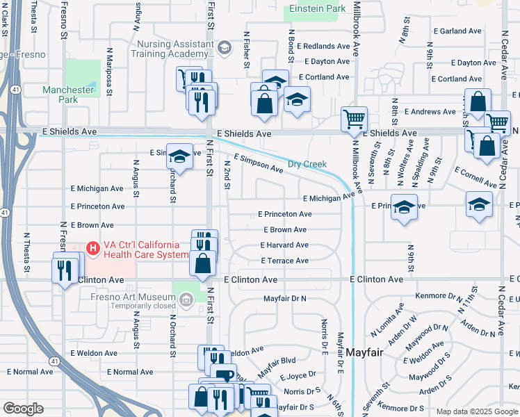 map of restaurants, bars, coffee shops, grocery stores, and more near 3354 East Princeton Avenue in Fresno