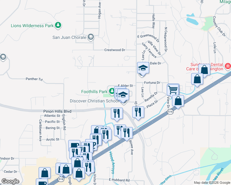 map of restaurants, bars, coffee shops, grocery stores, and more near 5431 East Beech Street in Farmington