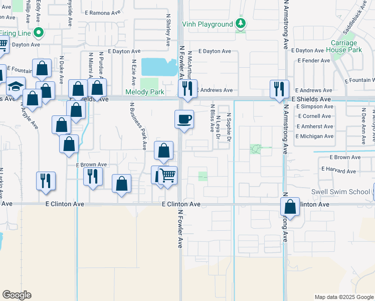 map of restaurants, bars, coffee shops, grocery stores, and more near in Fresno