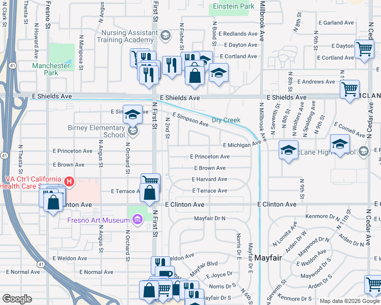 map of restaurants, bars, coffee shops, grocery stores, and more near 3354 East Princeton Avenue in Fresno