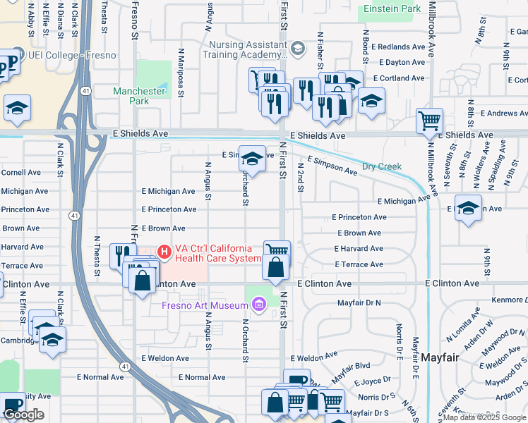 map of restaurants, bars, coffee shops, grocery stores, and more near 3056 East Princeton Avenue in Fresno