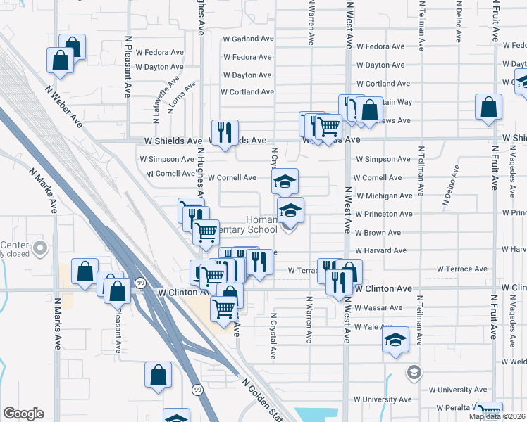 map of restaurants, bars, coffee shops, grocery stores, and more near 1806 West Homan Avenue in Fresno