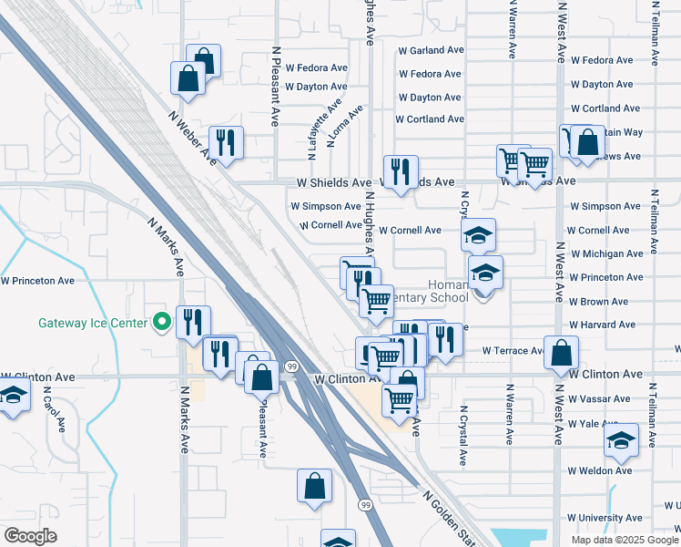 map of restaurants, bars, coffee shops, grocery stores, and more near 2125 West Princeton Avenue in Fresno