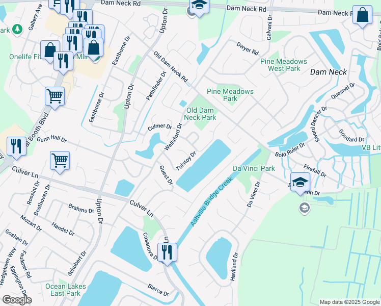 map of restaurants, bars, coffee shops, grocery stores, and more near 1069 Tolstoy Court in Virginia Beach