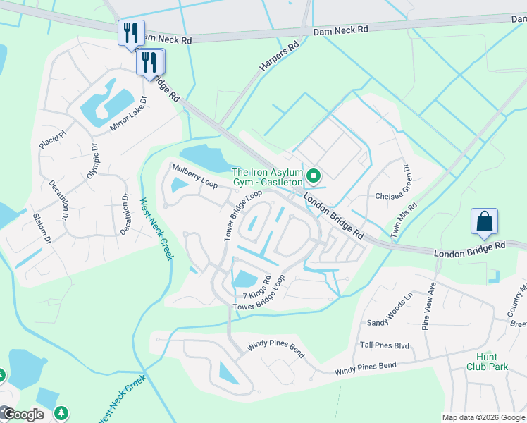 map of restaurants, bars, coffee shops, grocery stores, and more near 1896 Clifton Bridge Drive in Virginia Beach