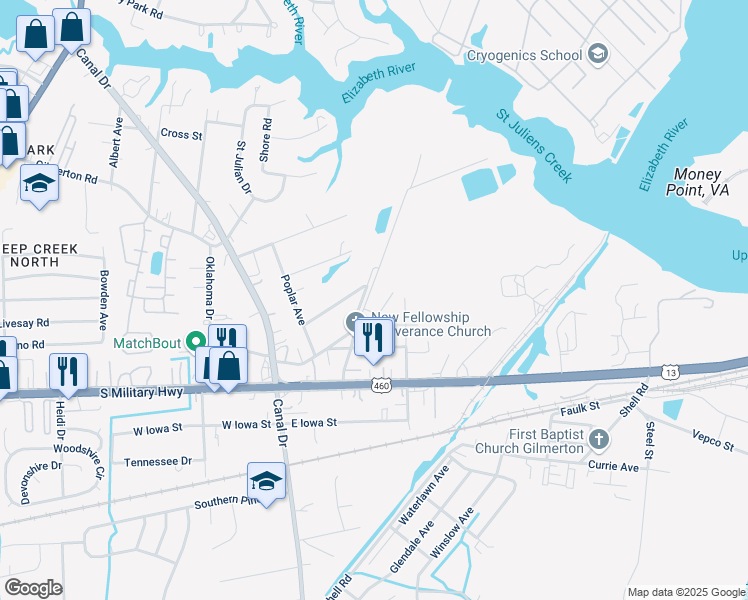 map of restaurants, bars, coffee shops, grocery stores, and more near 913 Michael Drive in Chesapeake