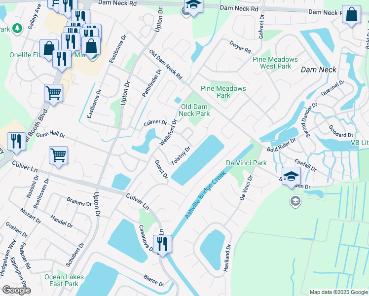 map of restaurants, bars, coffee shops, grocery stores, and more near 1064 Tolstoy Court in Virginia Beach