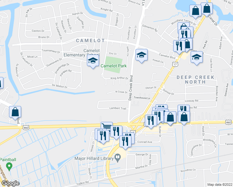 map of restaurants, bars, coffee shops, grocery stores, and more near 2825 North Creek Drive in Chesapeake