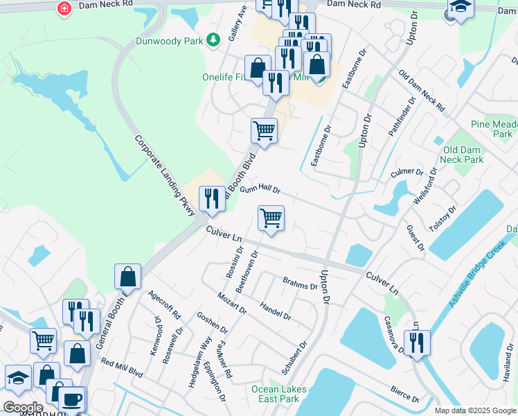 map of restaurants, bars, coffee shops, grocery stores, and more near 1809 Culver Quay in Virginia Beach