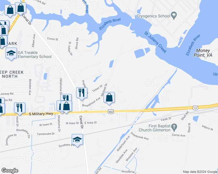 map of restaurants, bars, coffee shops, grocery stores, and more near 917 Michael Drive in Chesapeake