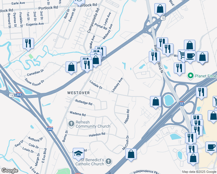 map of restaurants, bars, coffee shops, grocery stores, and more near 914 Lindale Drive in Chesapeake