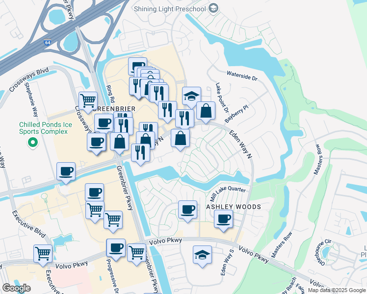 map of restaurants, bars, coffee shops, grocery stores, and more near 1344 River Birch Run South in Chesapeake