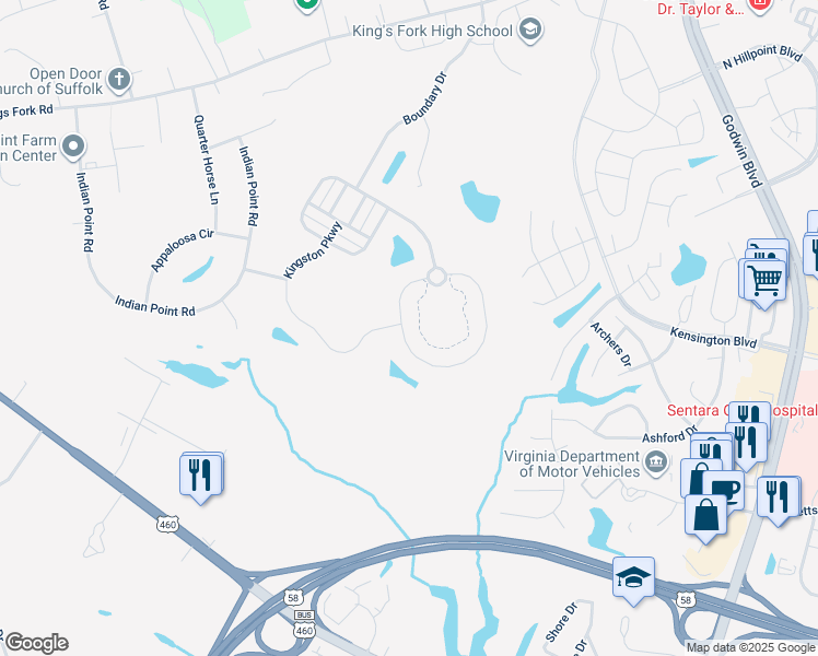 map of restaurants, bars, coffee shops, grocery stores, and more near 5027 Kings Grant Circle in Suffolk