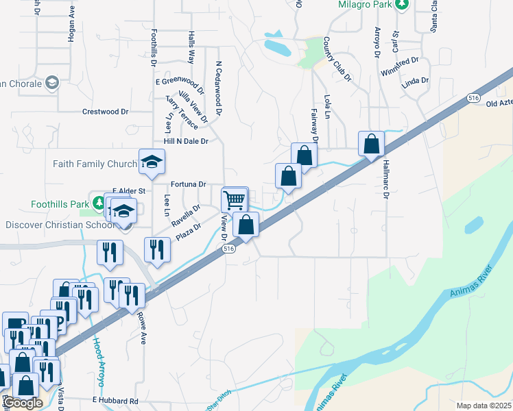 map of restaurants, bars, coffee shops, grocery stores, and more near 5950 East Main Street in Farmington