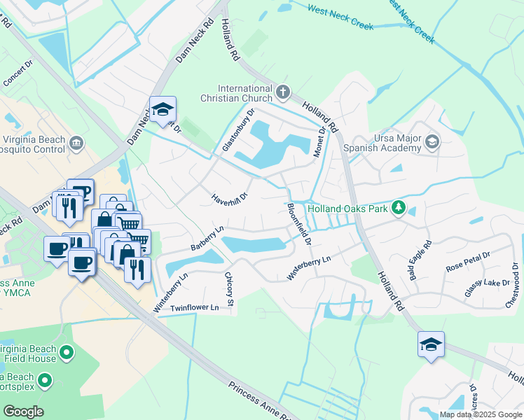 map of restaurants, bars, coffee shops, grocery stores, and more near 1800 Ellswood Court in Virginia Beach