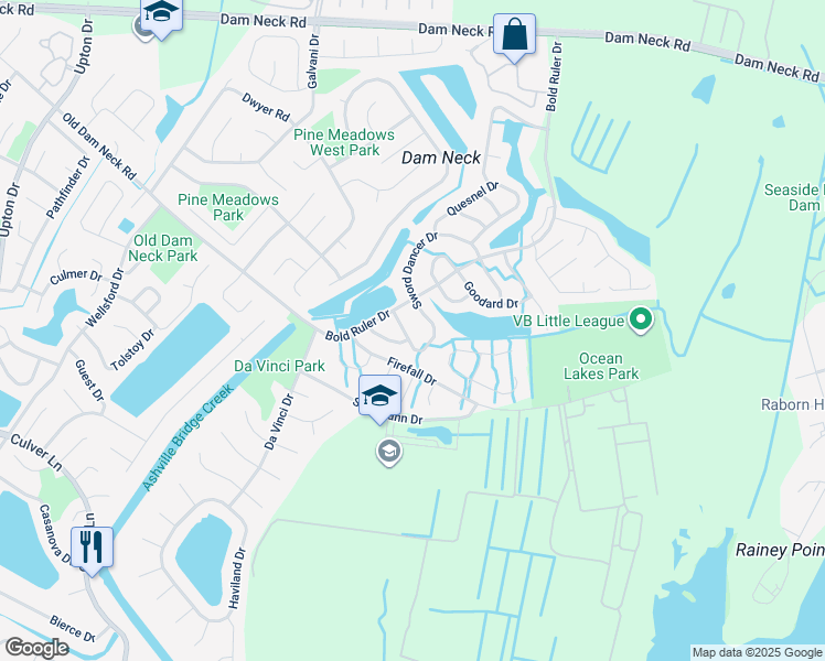 map of restaurants, bars, coffee shops, grocery stores, and more near 1779 Sword Dancer Drive in Virginia Beach