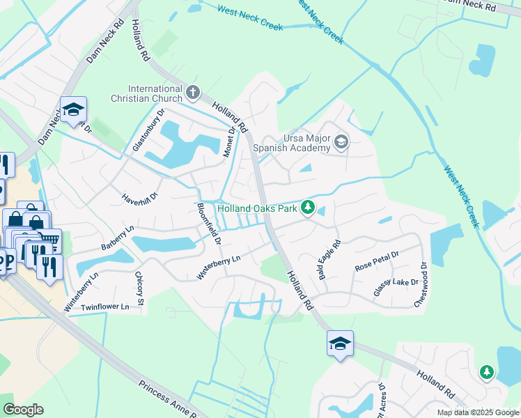 map of restaurants, bars, coffee shops, grocery stores, and more near 3000 Barberry Lane in Virginia Beach