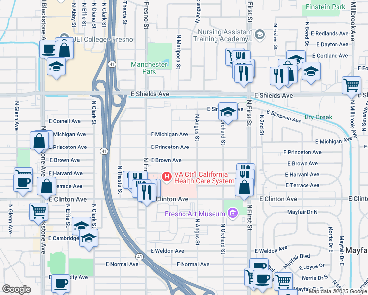 map of restaurants, bars, coffee shops, grocery stores, and more near 2806 East Princeton Avenue in Fresno