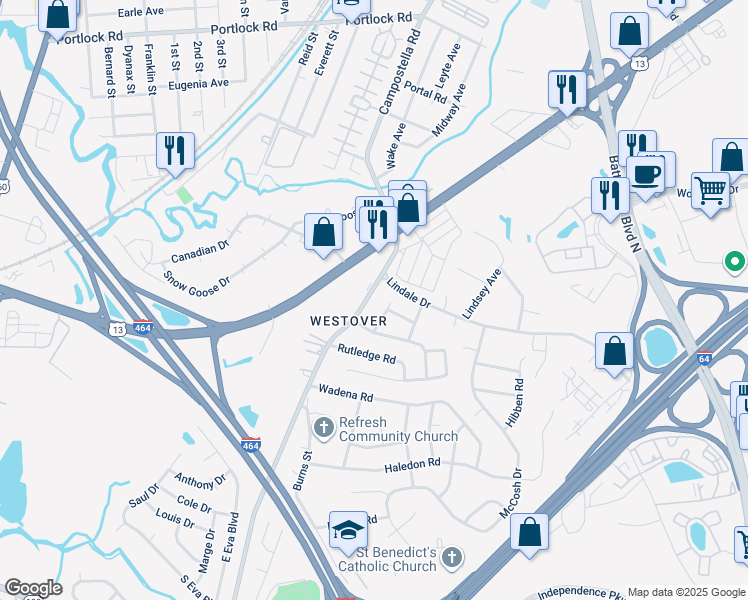 map of restaurants, bars, coffee shops, grocery stores, and more near 1529 Campostella Road in Chesapeake