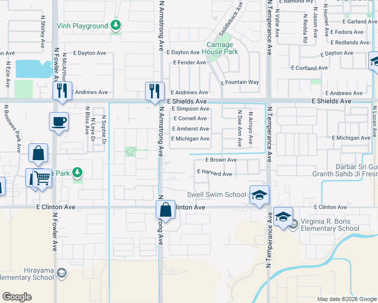 map of restaurants, bars, coffee shops, grocery stores, and more near 6573 East Princeton Avenue in Fresno