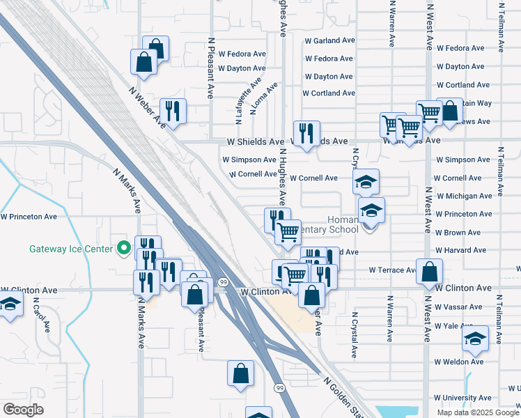 map of restaurants, bars, coffee shops, grocery stores, and more near 2125 West Princeton Avenue in Fresno