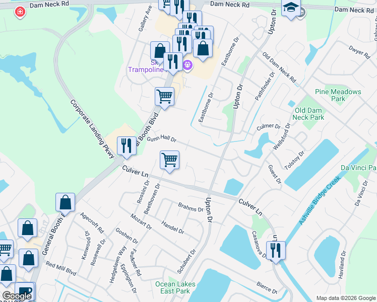 map of restaurants, bars, coffee shops, grocery stores, and more near 1212 Mullholand Court in Virginia Beach