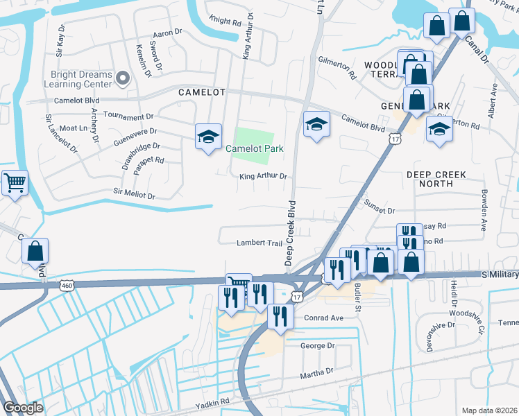 map of restaurants, bars, coffee shops, grocery stores, and more near 2851 Lambert Trail in Chesapeake