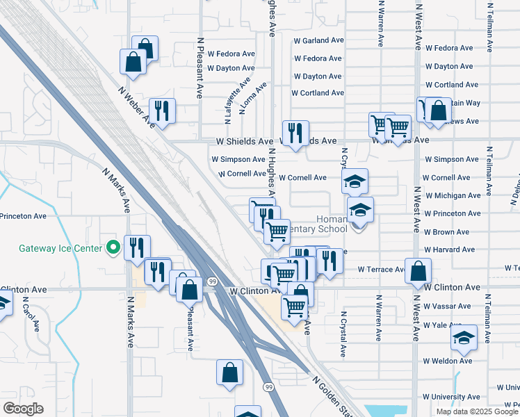 map of restaurants, bars, coffee shops, grocery stores, and more near 2125 West Princeton Avenue in Fresno