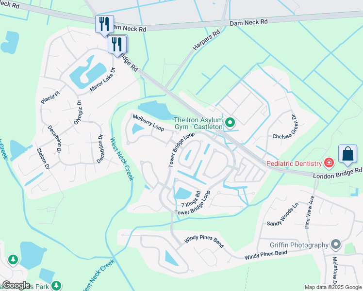 map of restaurants, bars, coffee shops, grocery stores, and more near Clifton Bridge Drive in Virginia Beach