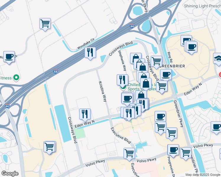 map of restaurants, bars, coffee shops, grocery stores, and more near Kristina Way in Chesapeake