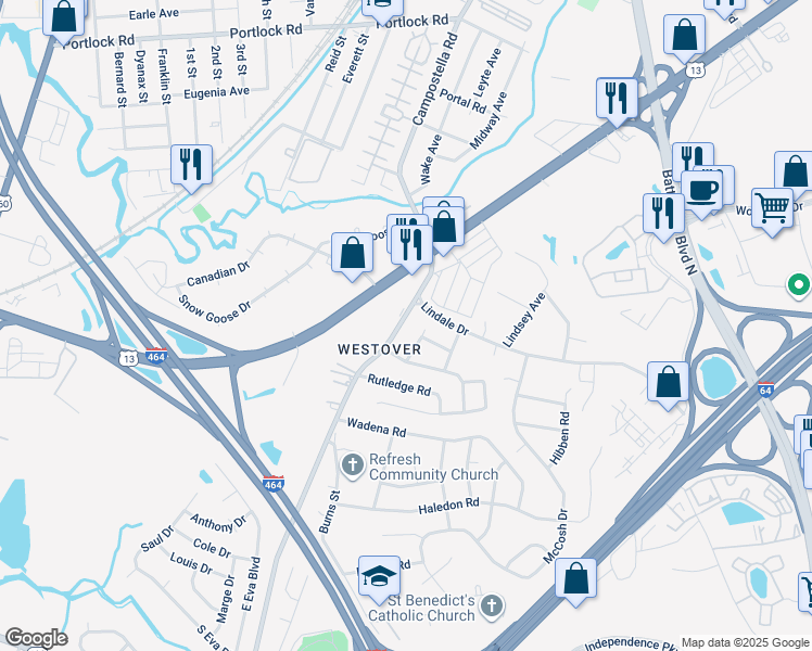 map of restaurants, bars, coffee shops, grocery stores, and more near 1529 Campostella Road in Chesapeake