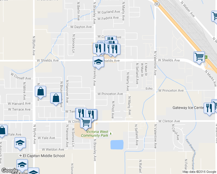 map of restaurants, bars, coffee shops, grocery stores, and more near 2660 North Brawley Avenue in Fresno