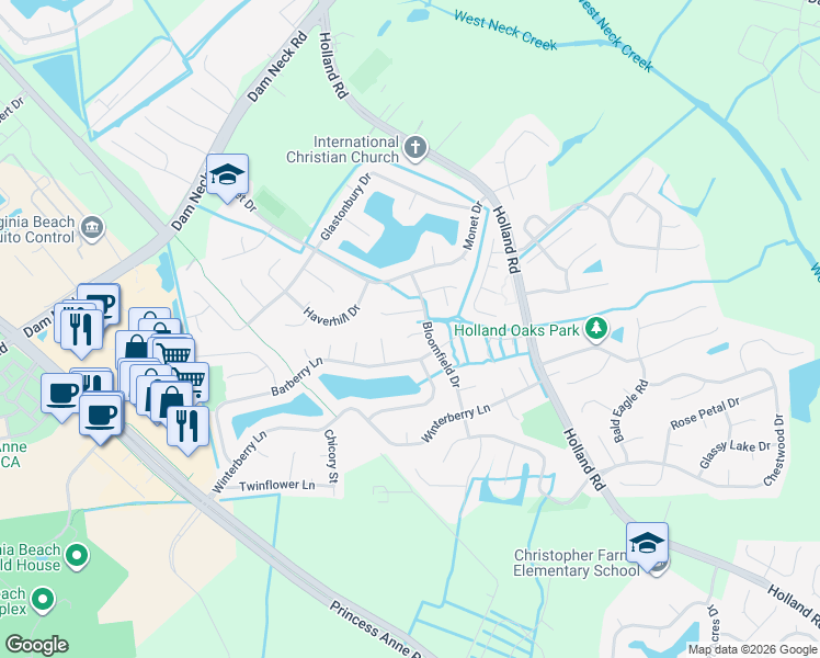 map of restaurants, bars, coffee shops, grocery stores, and more near 3108 Hickorywood Court in Virginia Beach