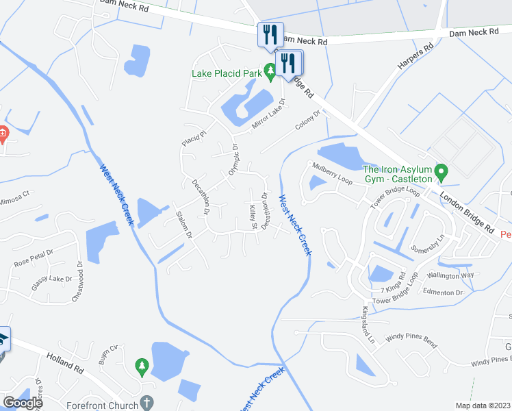 map of restaurants, bars, coffee shops, grocery stores, and more near 2605 Killey Court in Virginia Beach