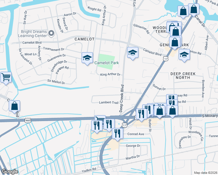 map of restaurants, bars, coffee shops, grocery stores, and more near 2851 Lambert Trail in Chesapeake
