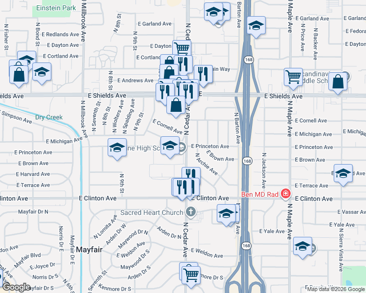 map of restaurants, bars, coffee shops, grocery stores, and more near 4625 East Princeton Avenue in Fresno
