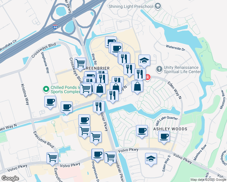 map of restaurants, bars, coffee shops, grocery stores, and more near 908 Eden Way North in Chesapeake