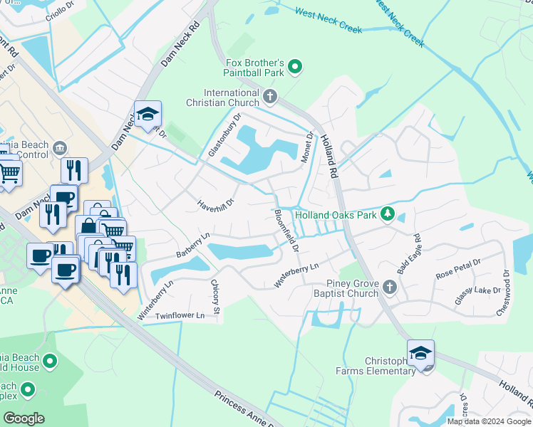 map of restaurants, bars, coffee shops, grocery stores, and more near 3108 Hickorywood Court in Virginia Beach
