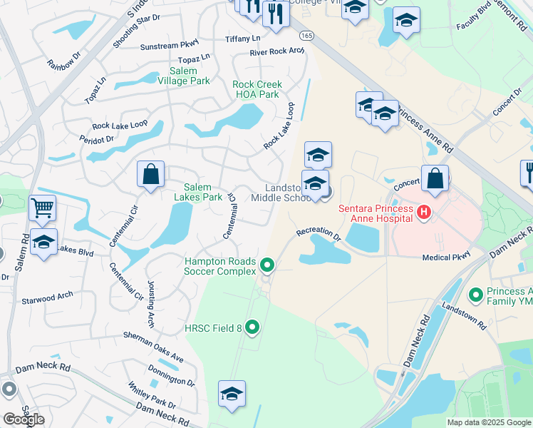 map of restaurants, bars, coffee shops, grocery stores, and more near 3724 Frazier Lane in Virginia Beach
