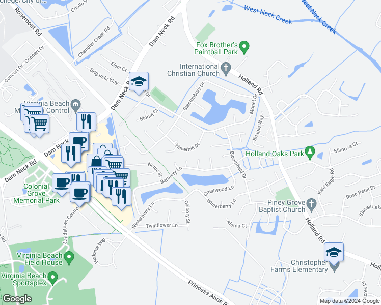 map of restaurants, bars, coffee shops, grocery stores, and more near 1824 Haverhill Drive in Virginia Beach