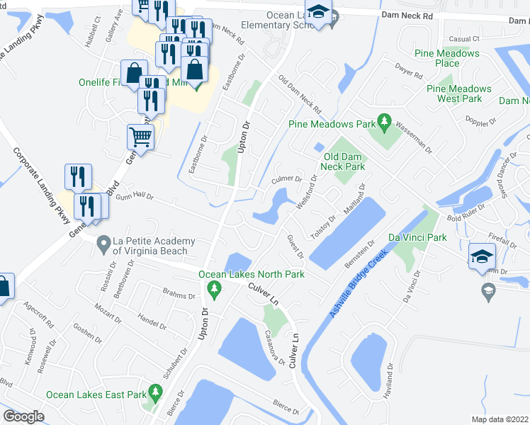 map of restaurants, bars, coffee shops, grocery stores, and more near 1085 Culmer Drive in Virginia Beach