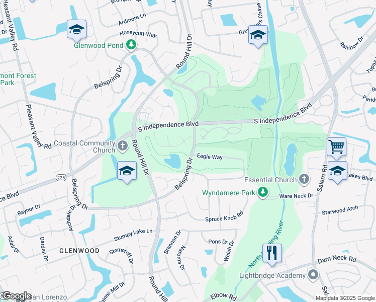 map of restaurants, bars, coffee shops, grocery stores, and more near 2213 Timberdale Court in Virginia Beach