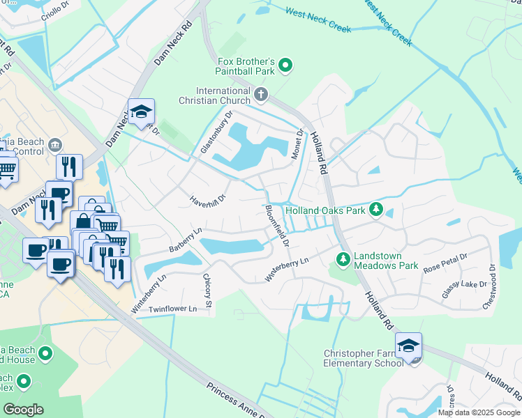 map of restaurants, bars, coffee shops, grocery stores, and more near 3104 Hickorywood Court in Virginia Beach