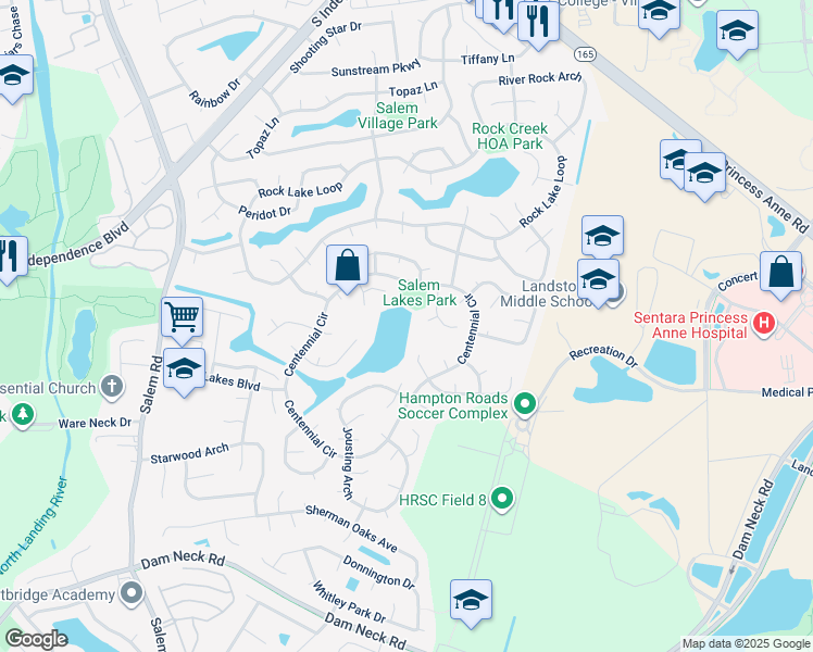 map of restaurants, bars, coffee shops, grocery stores, and more near 3829 Huey Court in Virginia Beach