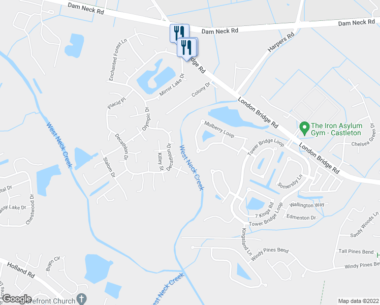map of restaurants, bars, coffee shops, grocery stores, and more near 2616 Mulberry Loop in Virginia Beach
