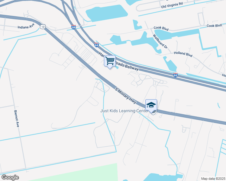 map of restaurants, bars, coffee shops, grocery stores, and more near 4068 South Military Highway in Chesapeake